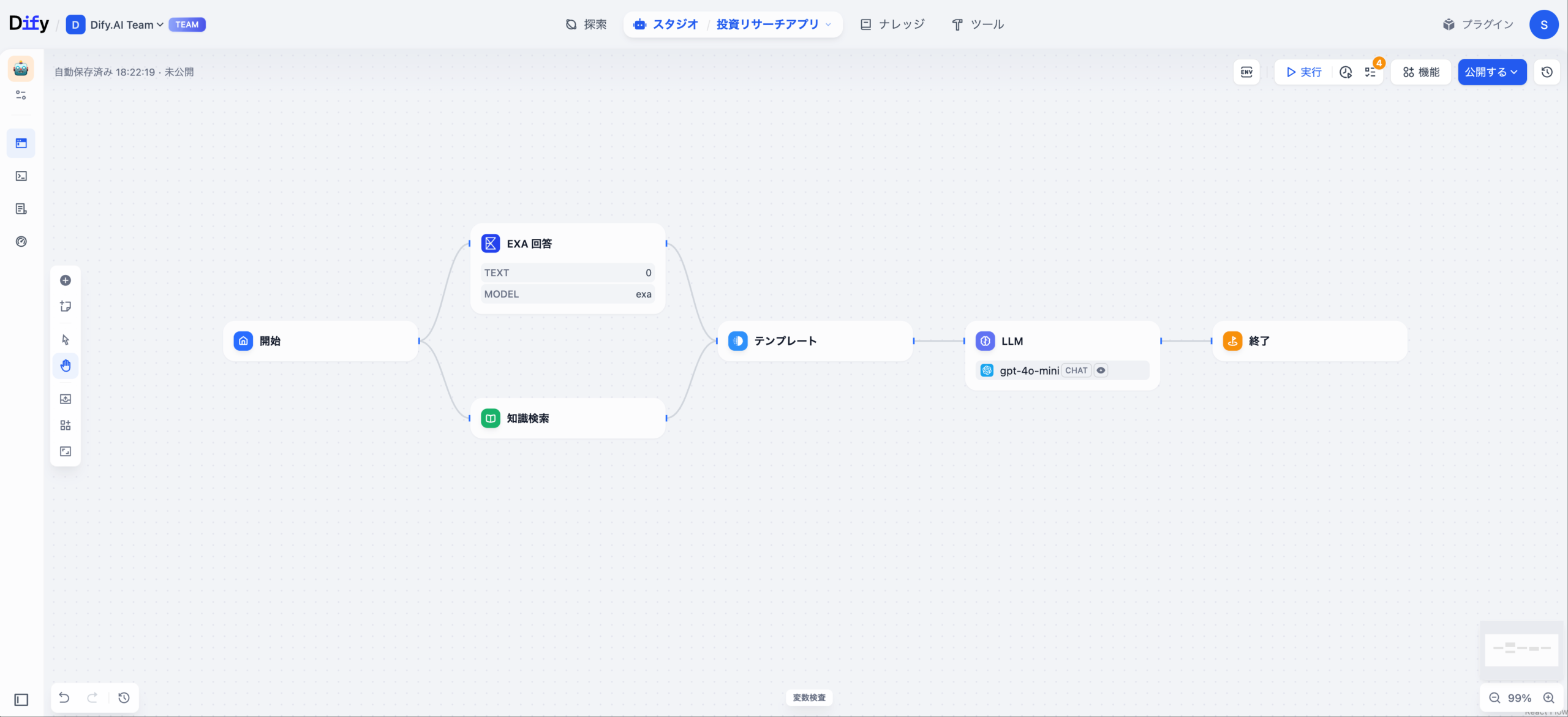 AI投資リサーチアシスタントのワークフロー図